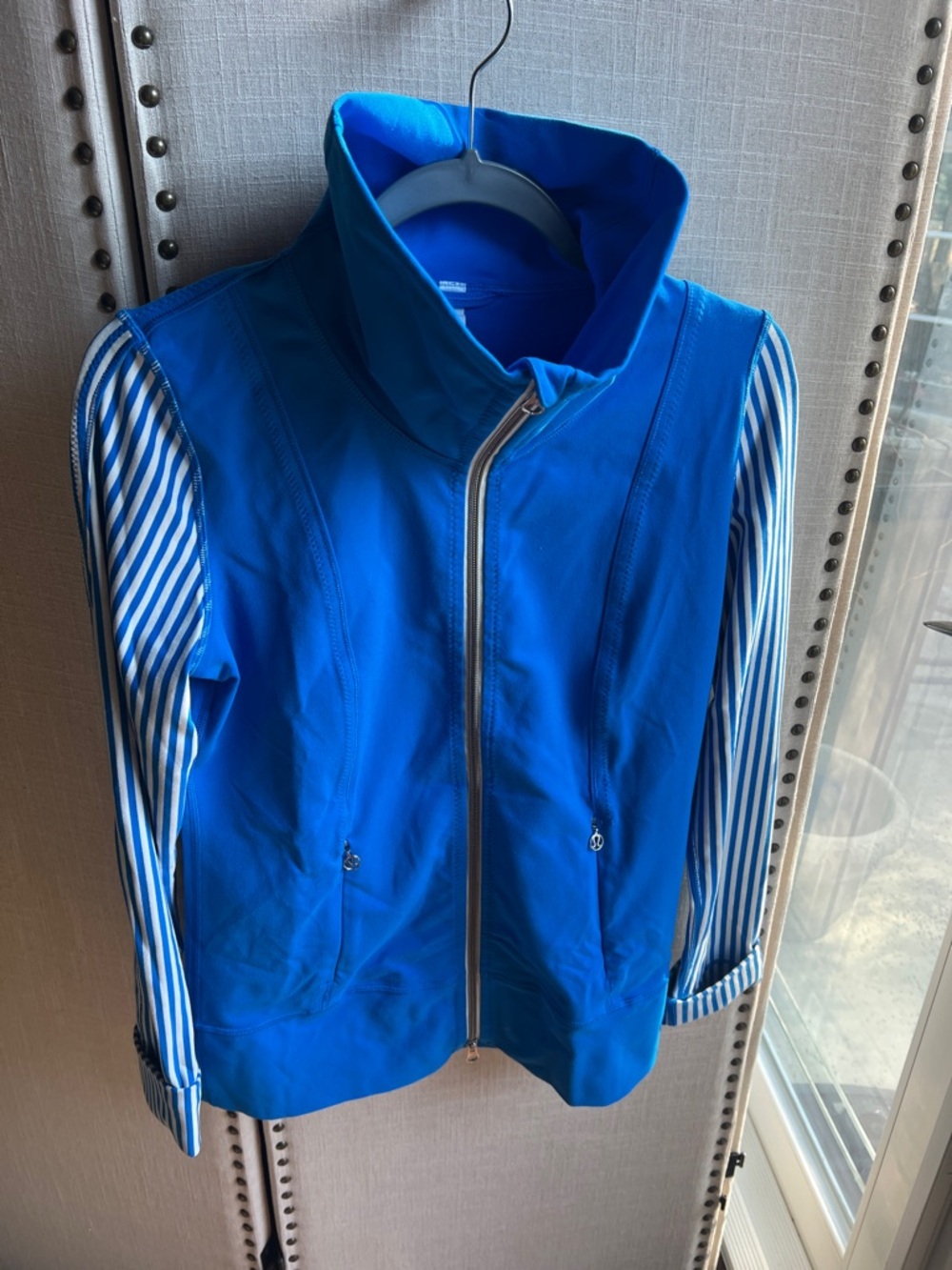 lululemon athletica Blue Zip-Front Jacket with Striped Sleeves